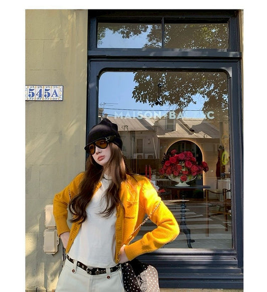 Thu. 海灣花園 混紡羊毛百搭針織開衫 薑黃