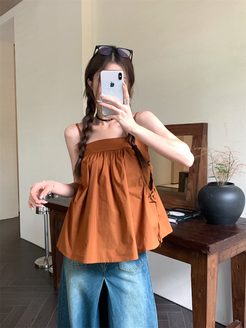 Mon. 焦糖色抓皺口袋上衣