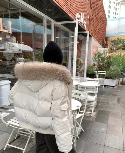 Mon. 雪域山境駱毛帽派克登山加厚羽絨外套 白/深灰綠