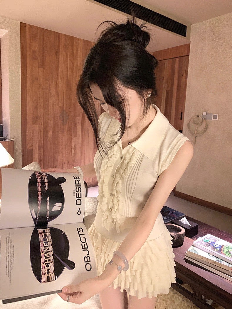 Mon. 嬌嫩甜心 俏皮木耳邊針織背心蛋糕半身裙套裝 杏