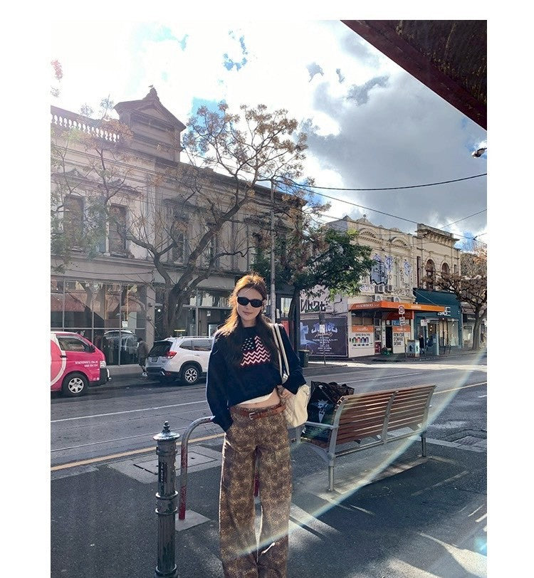 Thu. 一眼街拍美式印花圓領可愛毛衣 藍