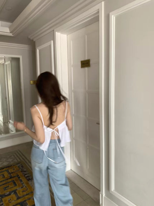 Wed. 後背綁帶美胸短版背心 白/咖