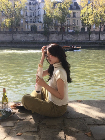 Tue. 韓女氣質高領短袖毛衣 米白/灰色