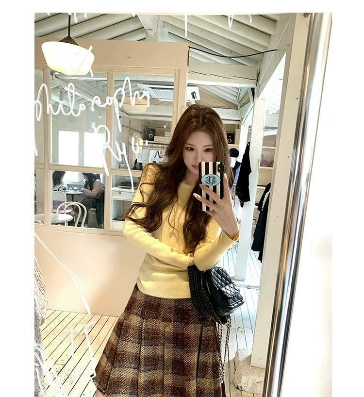 Thu. Cheese拿鐵韓系修身圓領針織打底 奶黃