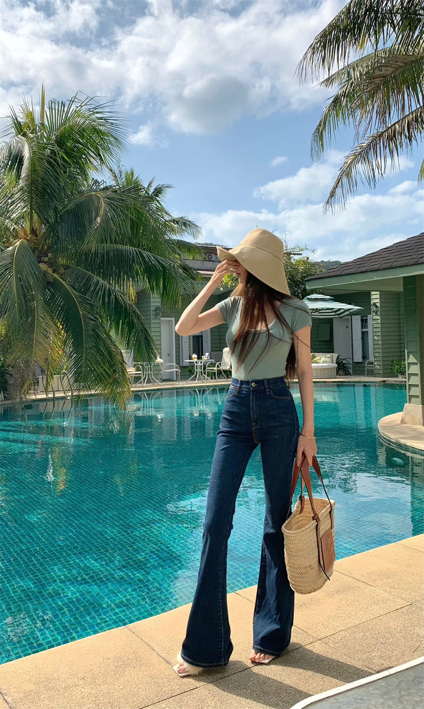 Mon. 復古顯瘦高腰喇叭褲 深藍