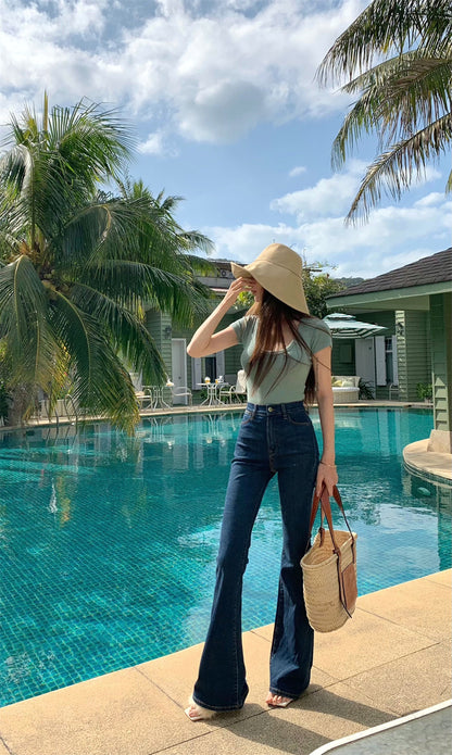 Mon. 復古顯瘦高腰喇叭褲 深藍