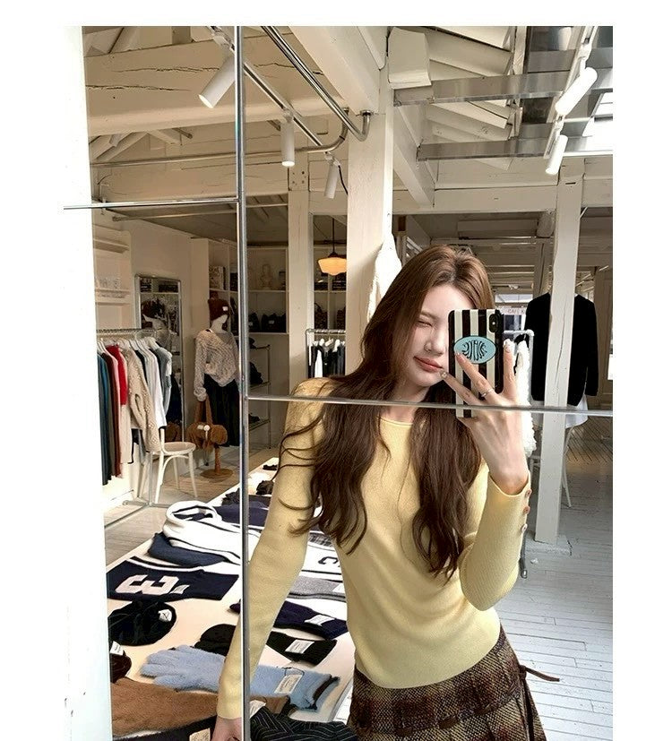 Thu. Cheese拿鐵韓系修身圓領針織打底 奶黃