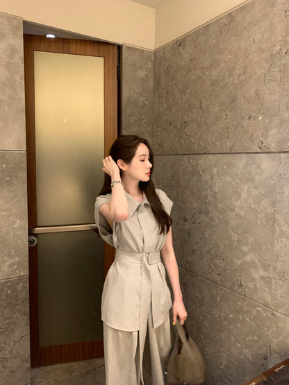 Tue. 韓系女主氣質翻領長款襯衫闊腿褲套裝 卡其