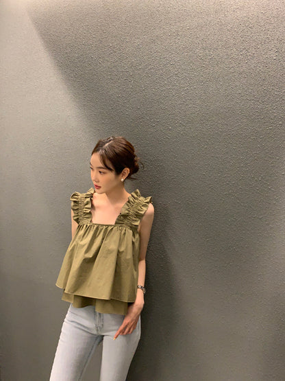 Wed. 荷葉袖雙層設計背心 卡其綠