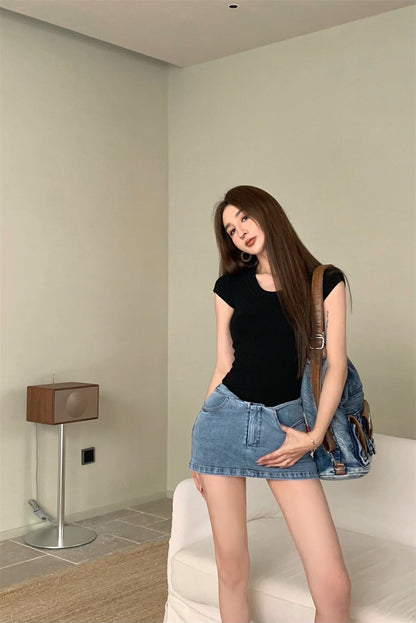 Mon. 美式正肩螺紋上衣 黑