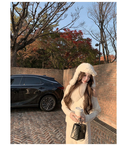 Mon. 元英白月光 韓女慵懶斜肩針織套裝 白