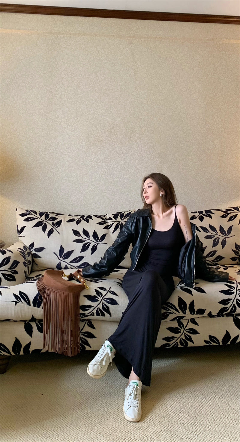 Mon. 細肩透視感連身長裙/短版皮外套 2色