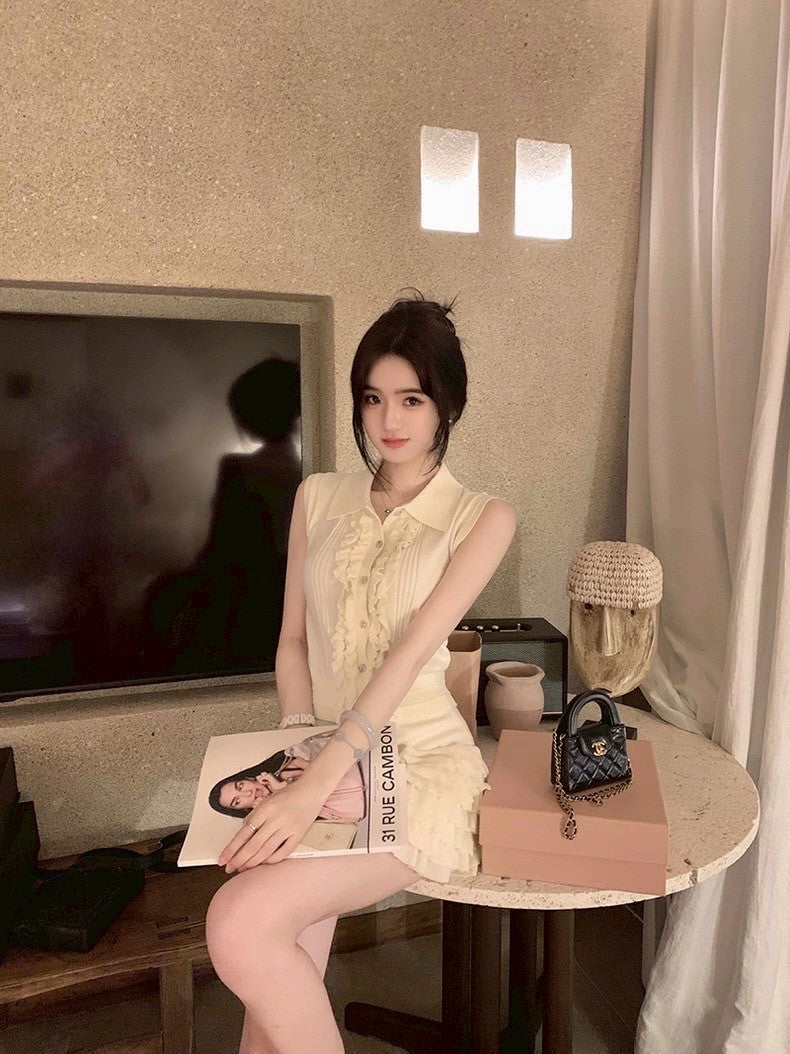 Mon. 嬌嫩甜心 俏皮木耳邊針織背心蛋糕半身裙套裝 杏