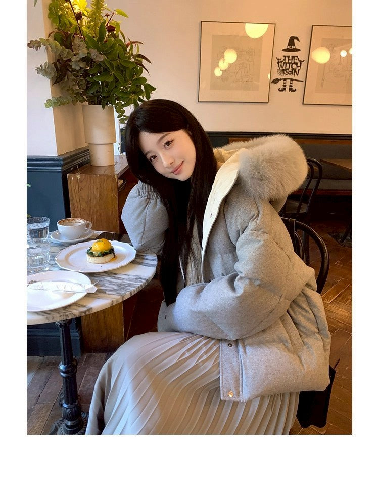 Thu. 安心90白鴨絨斜紋吐司毛毛連帽羽絨外套