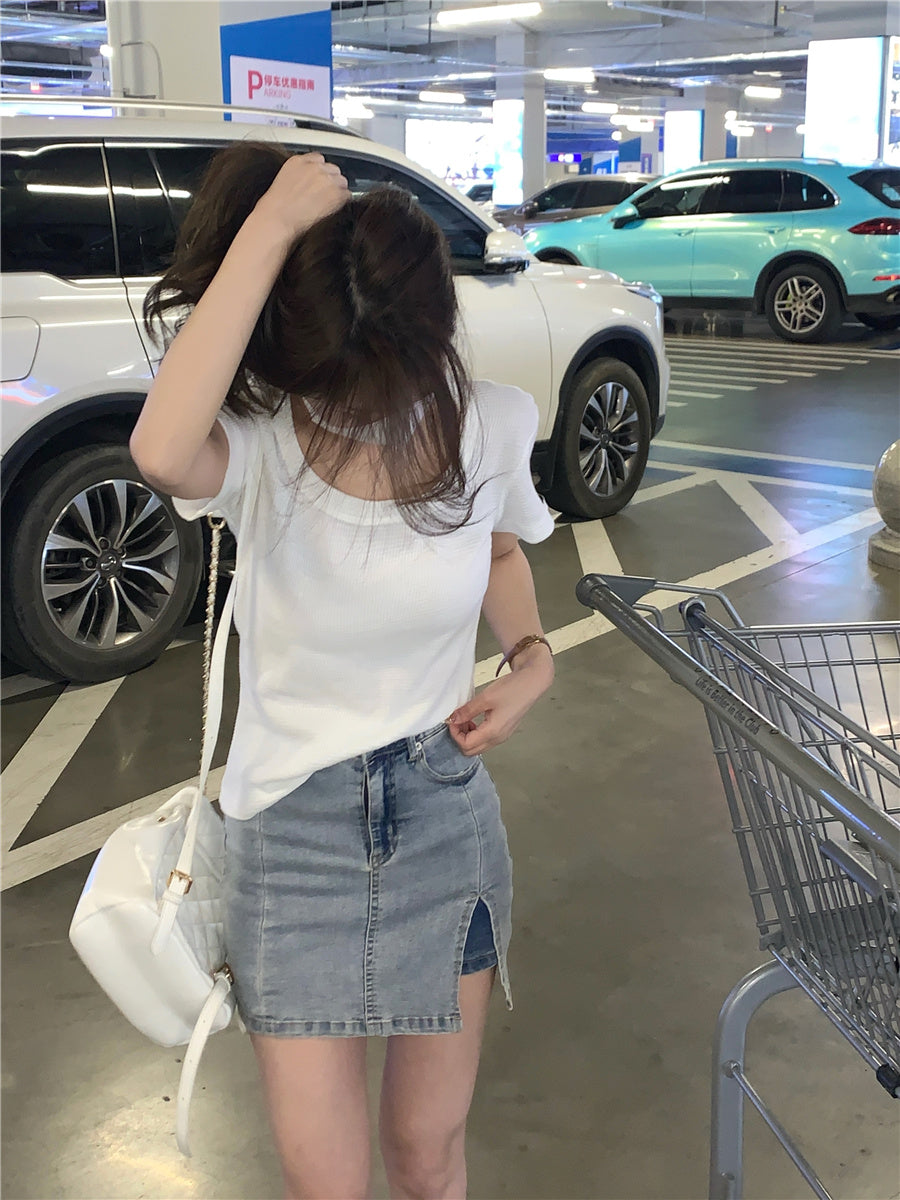 Wed. 大U領華夫格短版上衣 黑/白