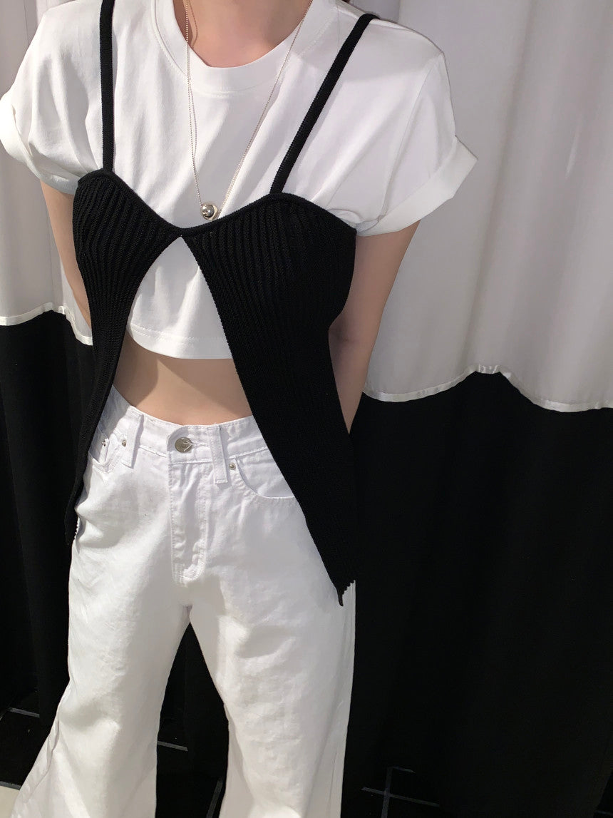 Thu. 撞色短版上衣+開叉背心 白T黑色背心