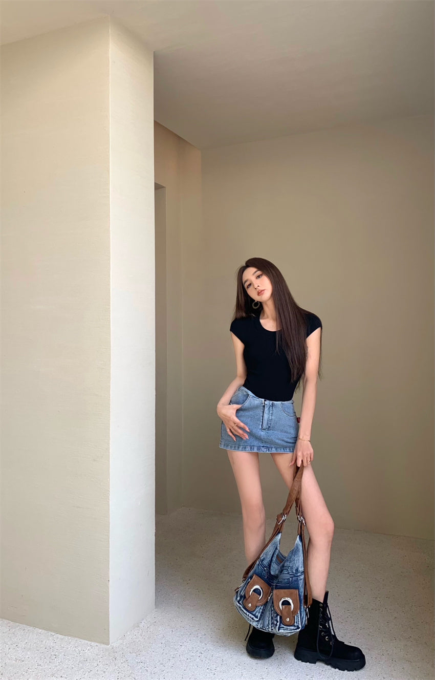 Mon. 美式正肩螺紋上衣 黑