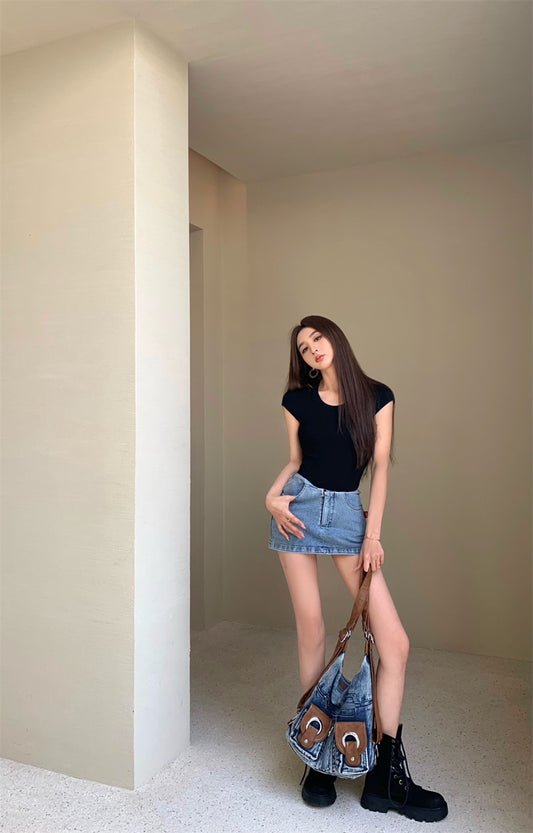 Mon. 美式正肩螺紋上衣 黑