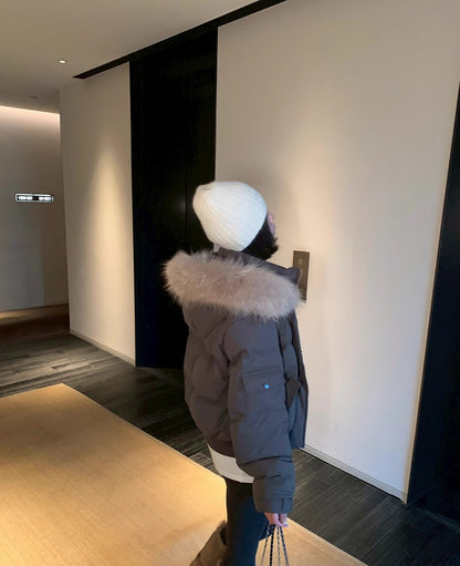 Mon. 雪域山境駱毛帽派克登山加厚羽絨外套 白/深灰綠