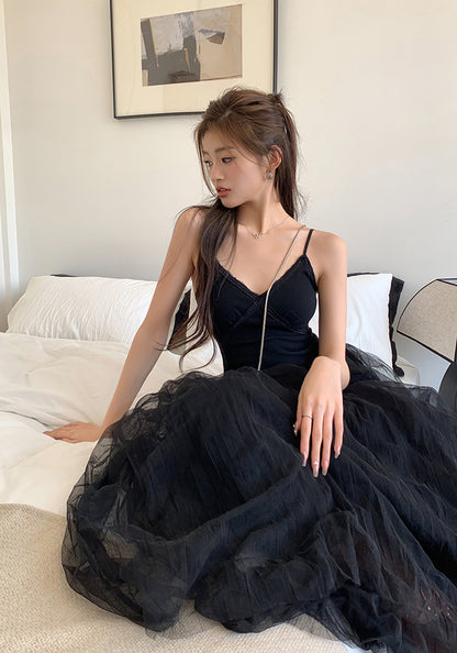 Sun. 芭蕾網紗拼接連身裙 黑