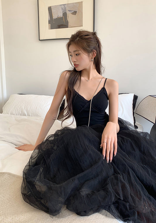 Sun. 芭蕾網紗拼接連身裙 黑
