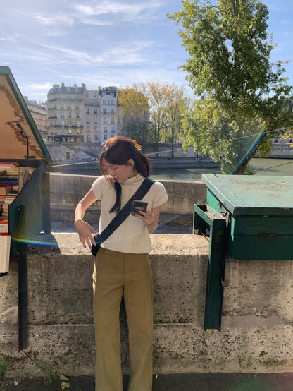 Tue. 韓女氣質高領短袖毛衣 米白/灰色