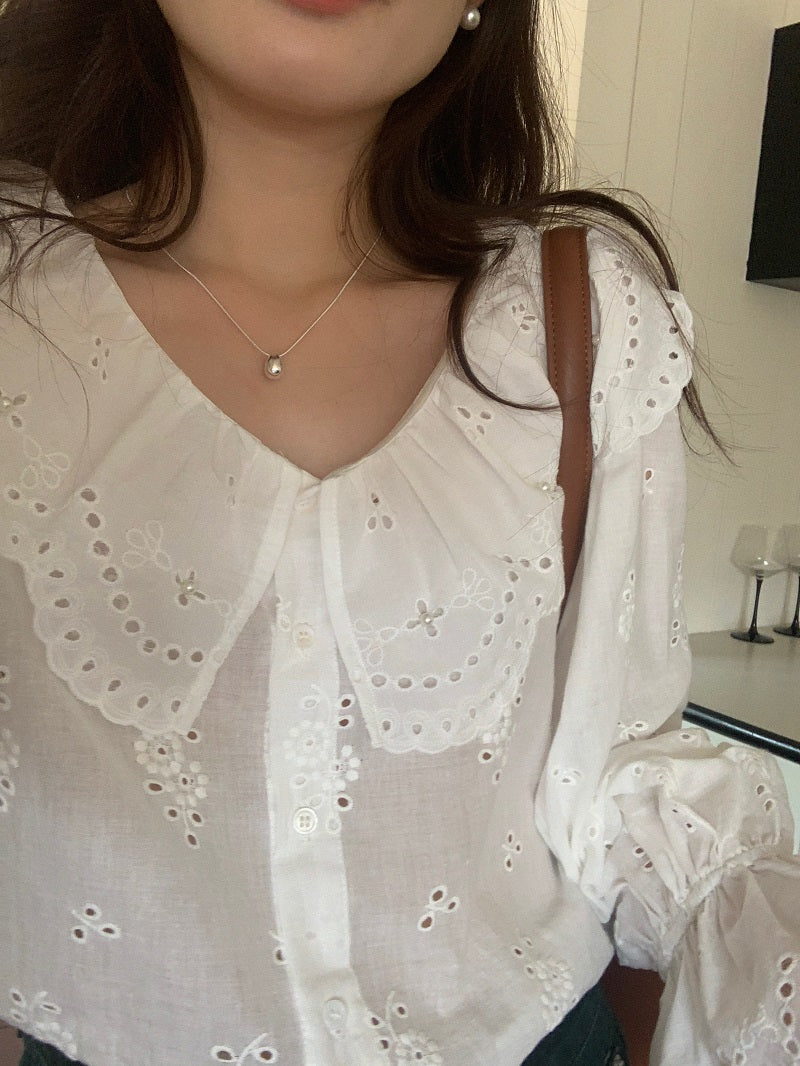 Tue. 韓國荷葉領刺繡襯衫 白