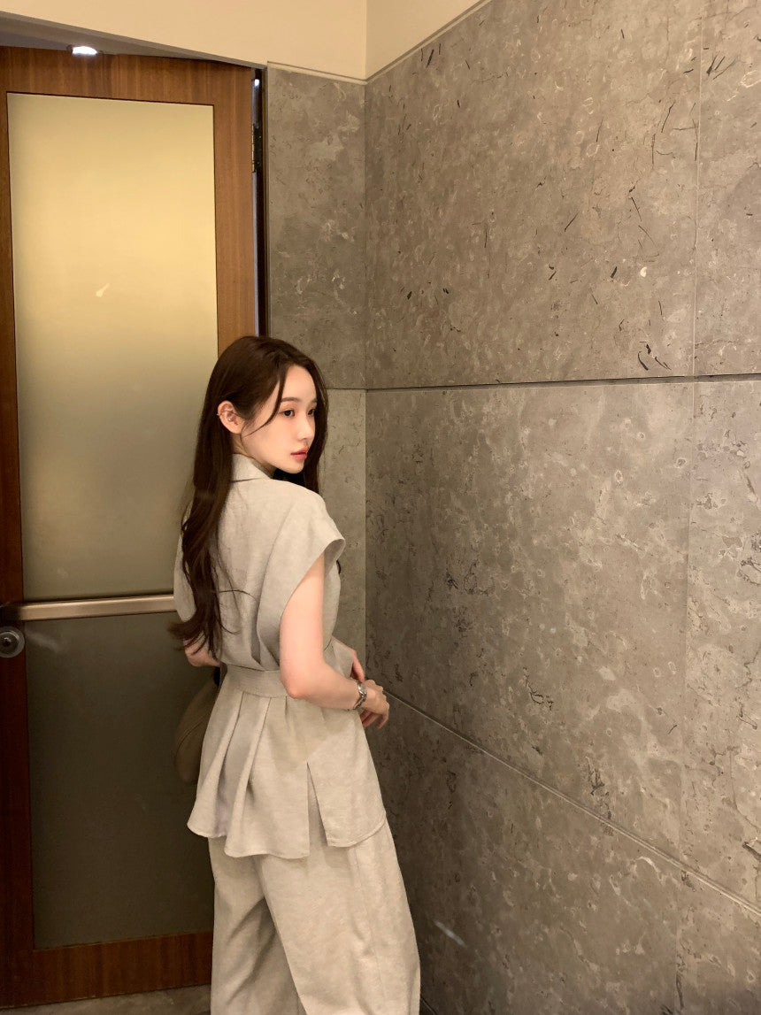 Tue. 韓系女主氣質翻領長款襯衫闊腿褲套裝 卡其