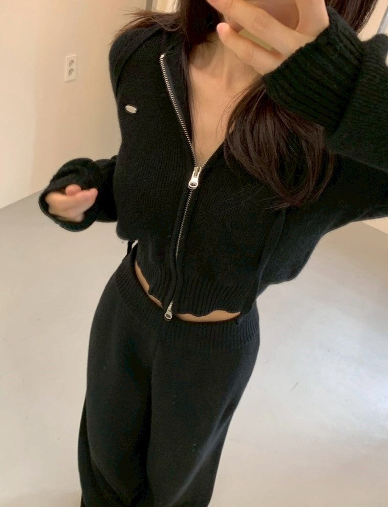 Mon. 運動休閒雙拉鏈連帽針織休閒褲套裝 黑