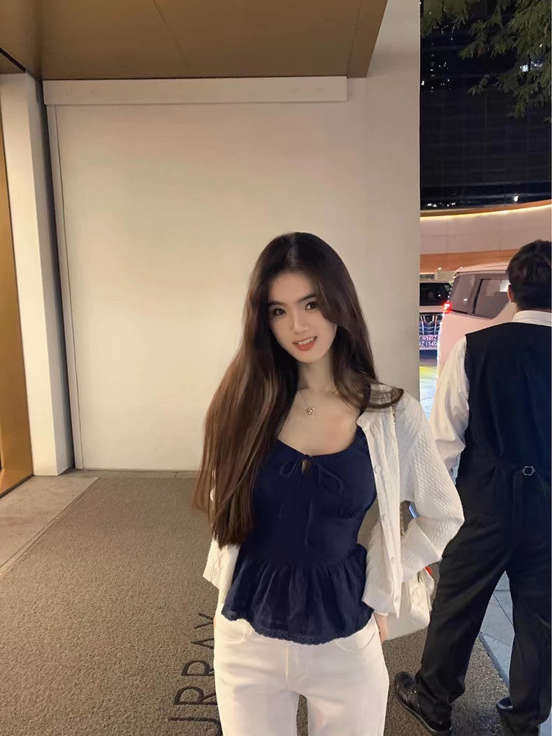 Fri. 法式少女重工方領純棉上衣 藍