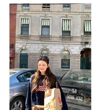 Thu. 一眼街拍美式印花圓領可愛毛衣 藍