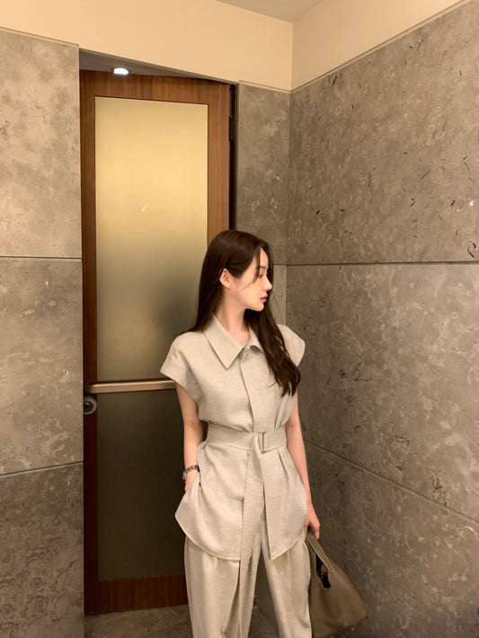 Tue. 韓系女主氣質翻領長款襯衫闊腿褲套裝 卡其
