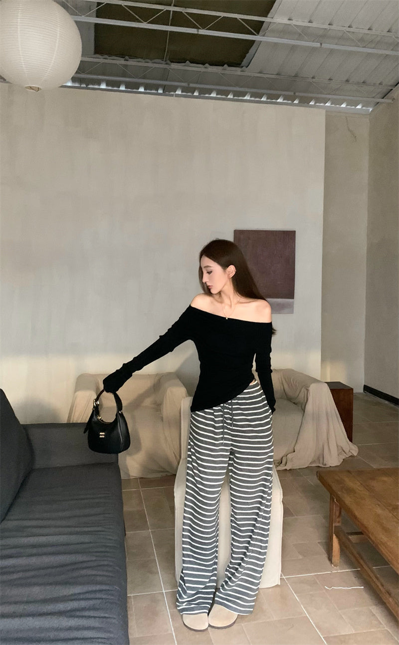 Wed. 慵懶氣質一字肩針織上衣 黑