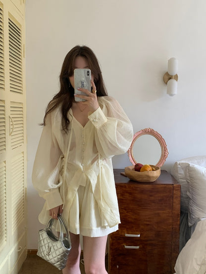 Sat. 雲朵澎澎v領襯衫套裝 米白