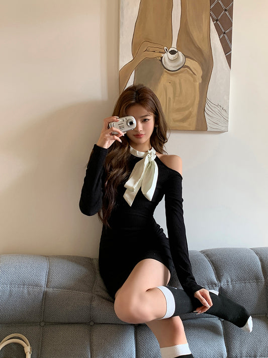 Wed. 小性感 女伶風露肩拼接綁帶連身裙 黑