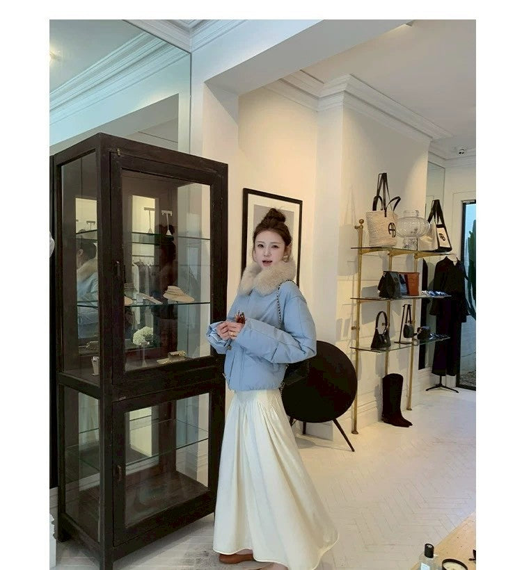 Thu. 卡斯托鎮仿狐狸毛領瘦瘦羽絨外套 藍