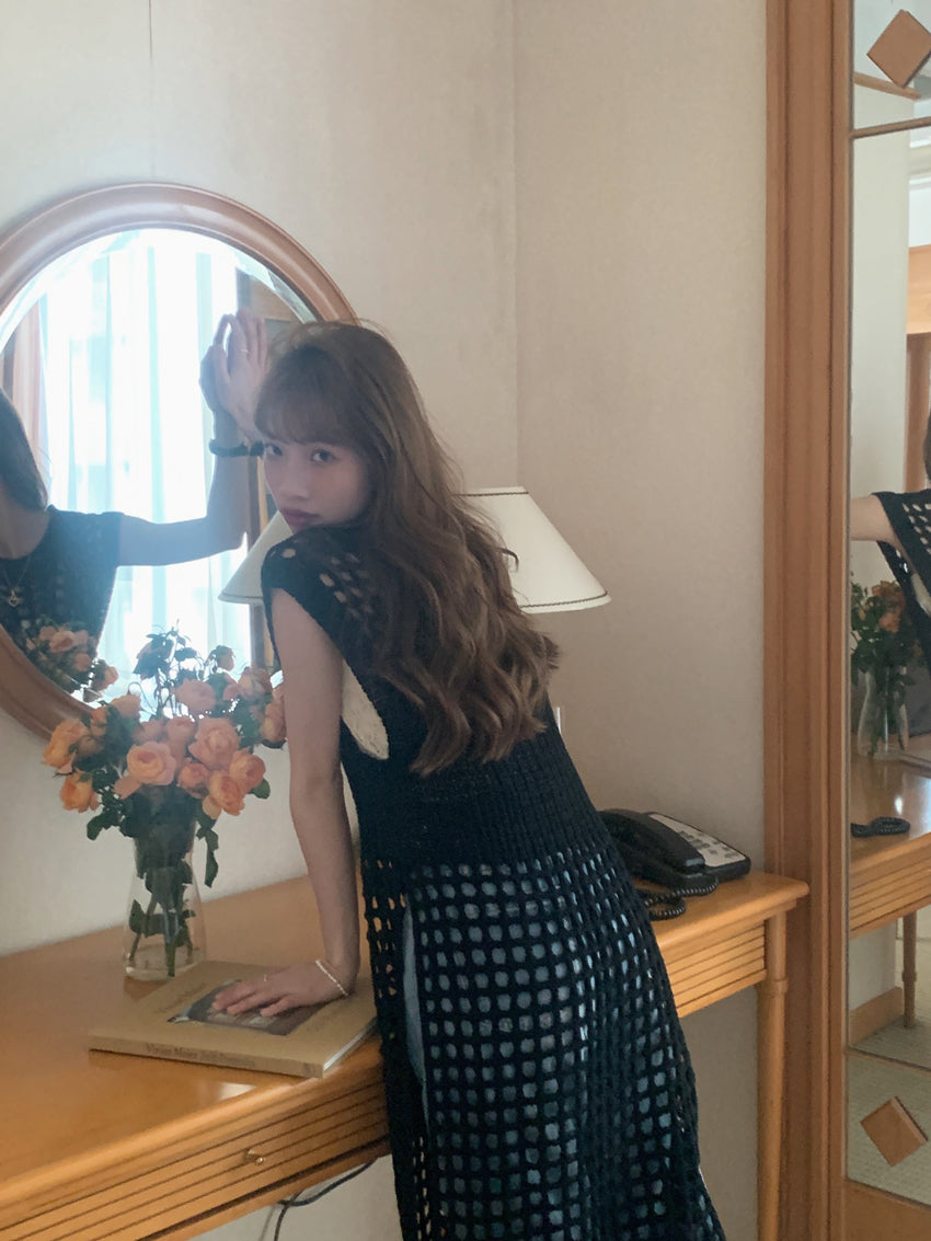 Thu. 縷空網子設計連身衣 黑