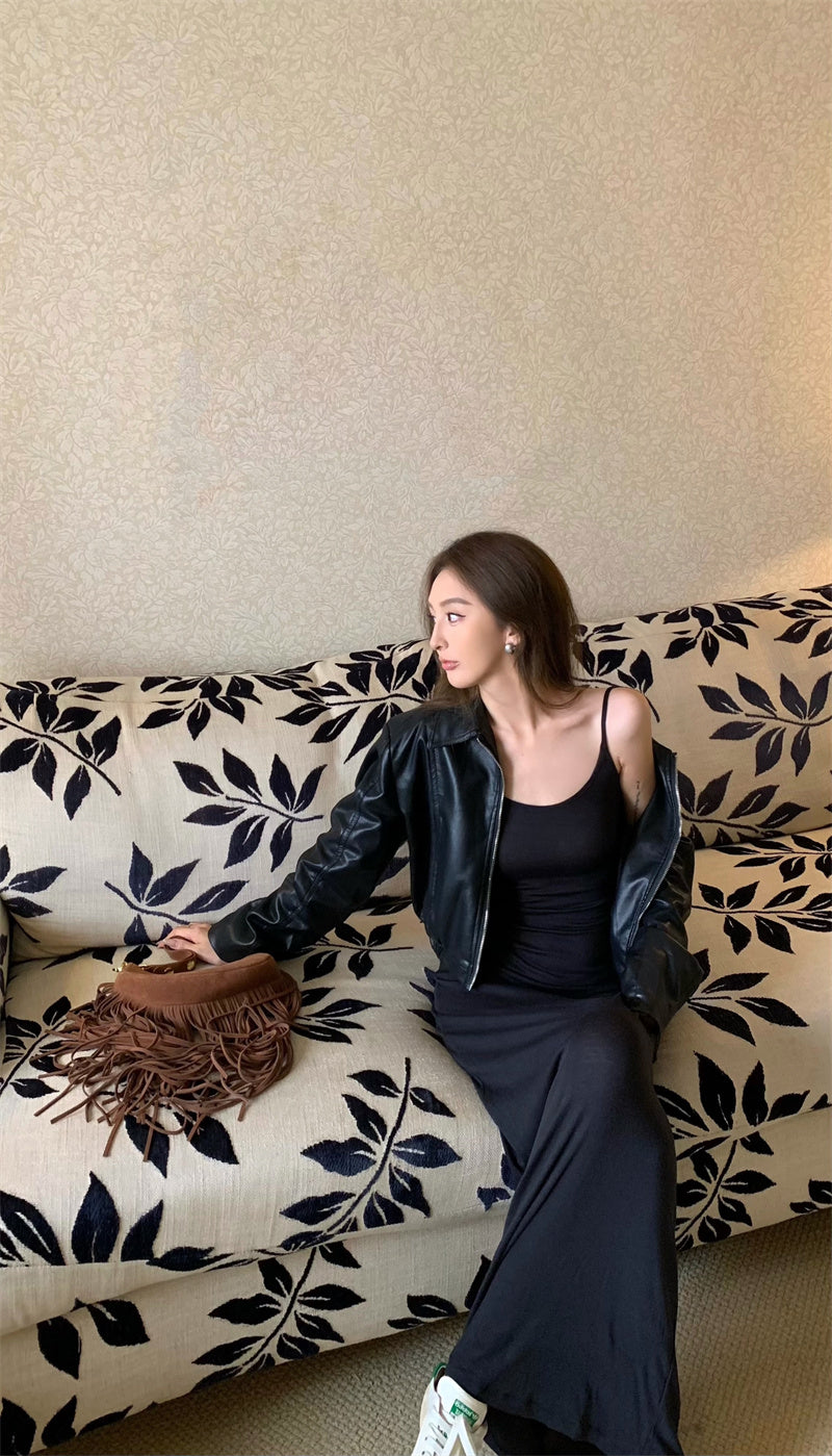 Mon. 細肩透視感連身長裙/短版皮外套 2色