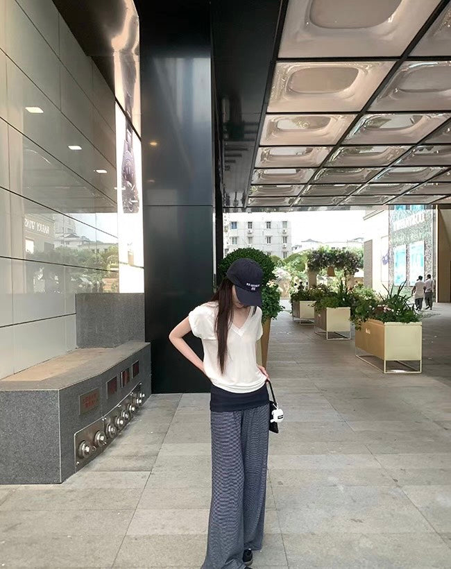 Mon. 隨心搭休閒褲系列 顯瘦翻邊垂垂休閒褲 條紋