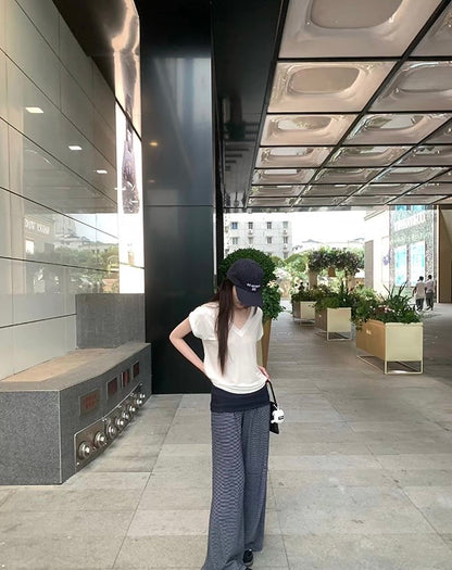 Mon. 隨心搭休閒褲系列 顯瘦翻邊垂垂休閒褲 條紋