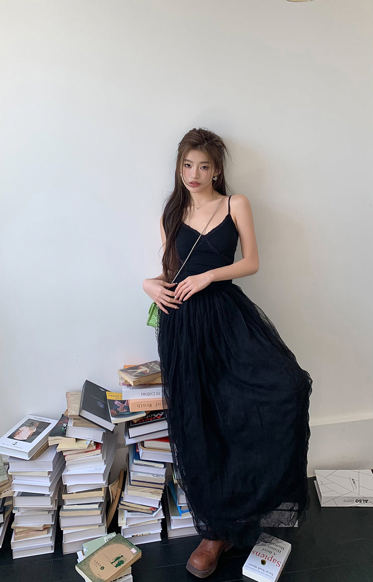 Sun. 芭蕾網紗拼接連身裙 黑