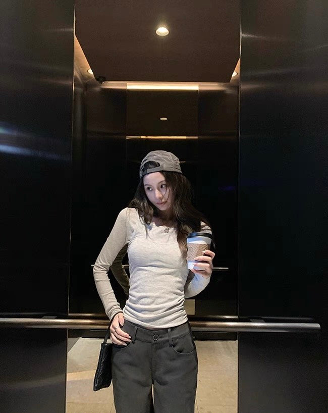 Mon. 百搭簡約美式直筒修身工裝褲 水泥灰