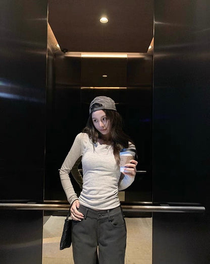 Mon. 百搭簡約美式直筒修身工裝褲 水泥灰