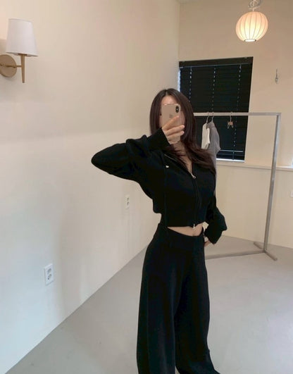 Mon. 運動休閒雙拉鏈連帽針織休閒褲套裝 黑