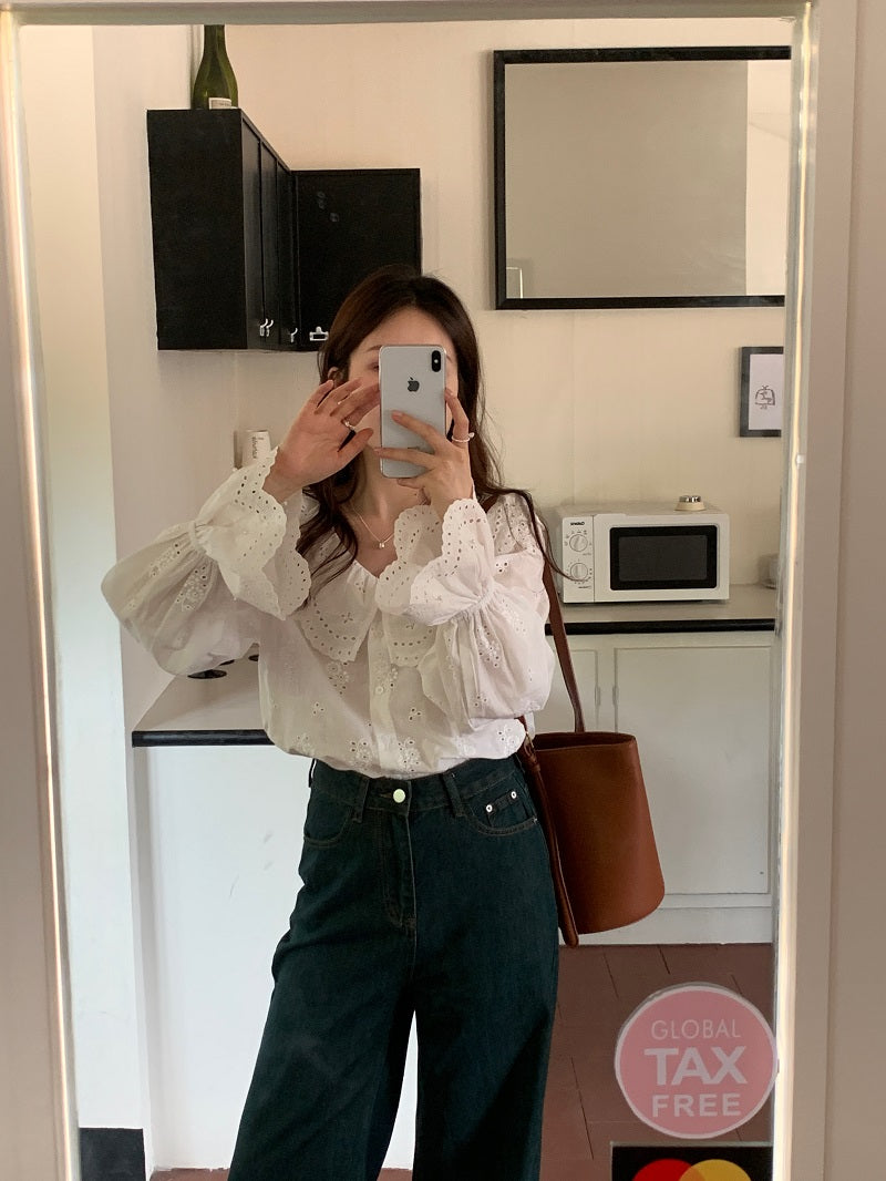 Tue. 韓國荷葉領刺繡襯衫 白