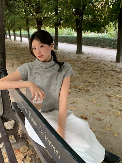 Tue. 韓女氣質高領短袖毛衣 米白/灰色