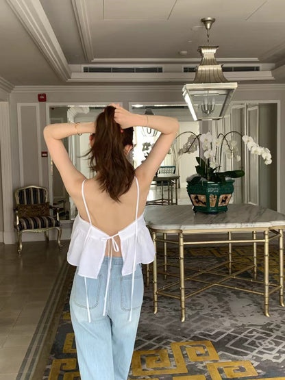 Wed. 後背綁帶美胸短版背心 白/咖