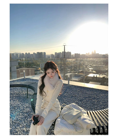 Mon. 元英白月光 韓女慵懶斜肩針織套裝 白