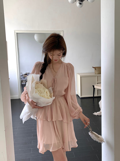 Thu. 長袖燈籠氣質短洋裝 粉