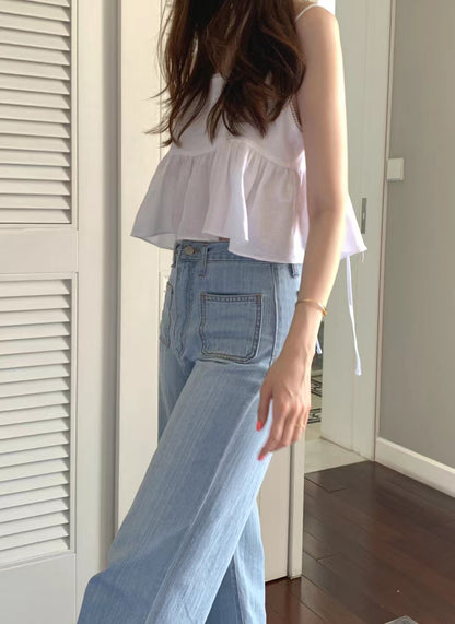 Wed. 後背綁帶美胸短版背心 白/咖